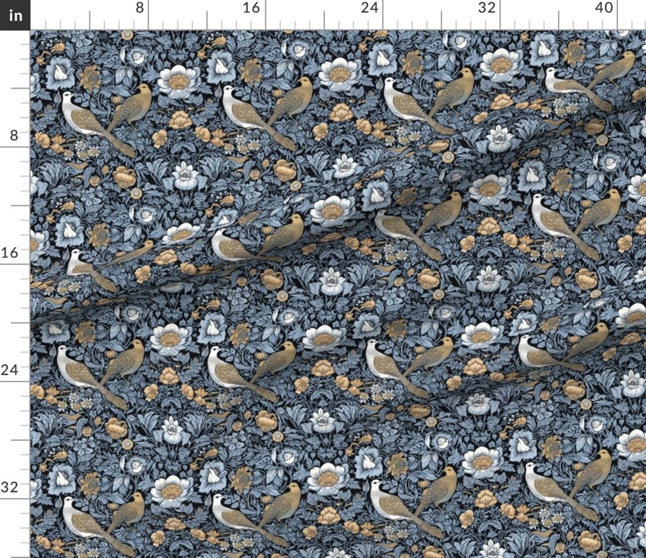Blue Victorian Damask Art Nouveau Love Birds Floral Botanical Large Scale Baroque Nature Doves Custom Printed Fabric by Spoonflower Various Fabrics by the Yard or Fat Quarter